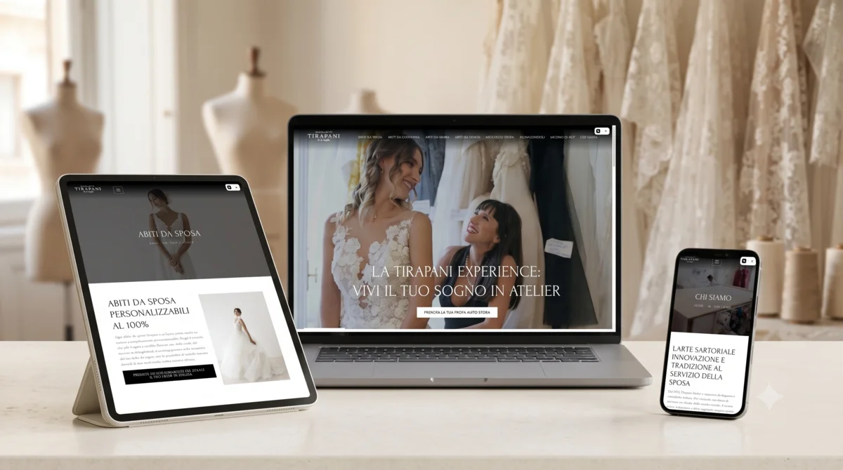 Caso: e-commerce di moda sposa su notebook, tablet e telefono